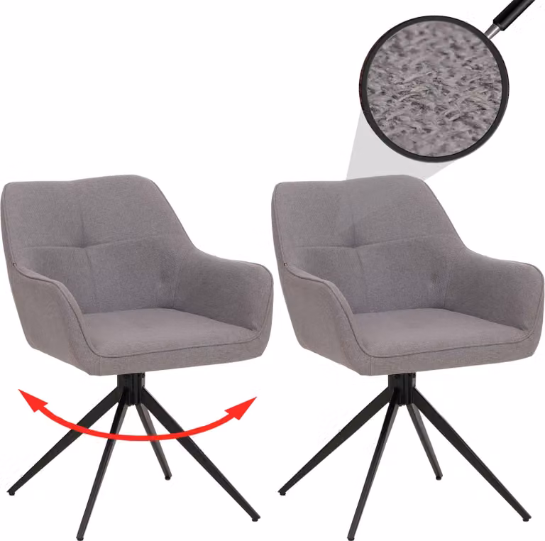 set di 2 sedie per sala da pranzo HWC-O47, bracciolo per sedia da cucina, girevole a ritorno automatico, tessuto/tessuto (270g/m²) ~ grigio chiaro