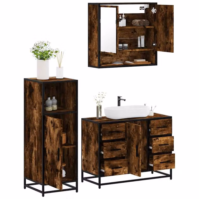 Set di mobili da bagno 3 pezzi vidaXL in stile industriale color rovere fumo con mobile lavabo, pensile e armadietto con specchio