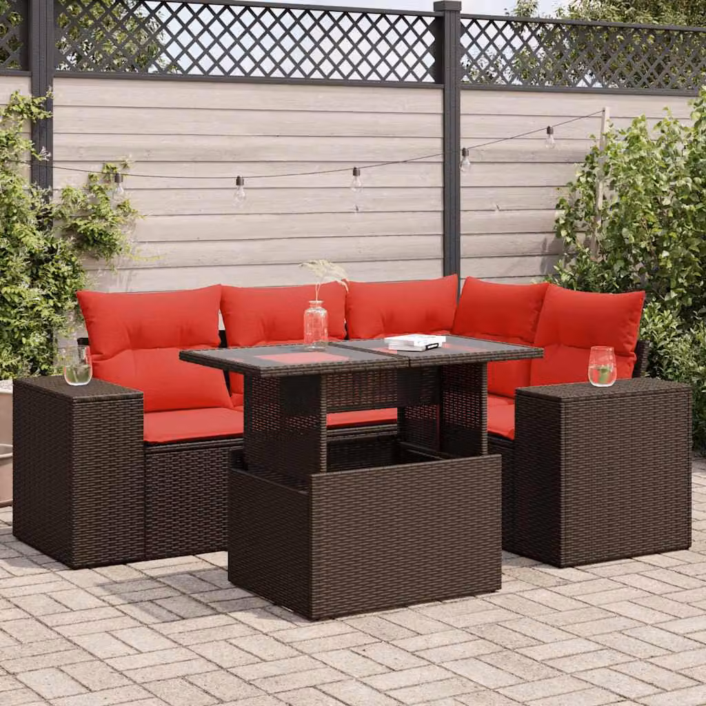 Set Divano da Giardino vidaXL 5 pz a Forma a L con Tavolino, Polyrattan e Legno di Acacia, Marrone