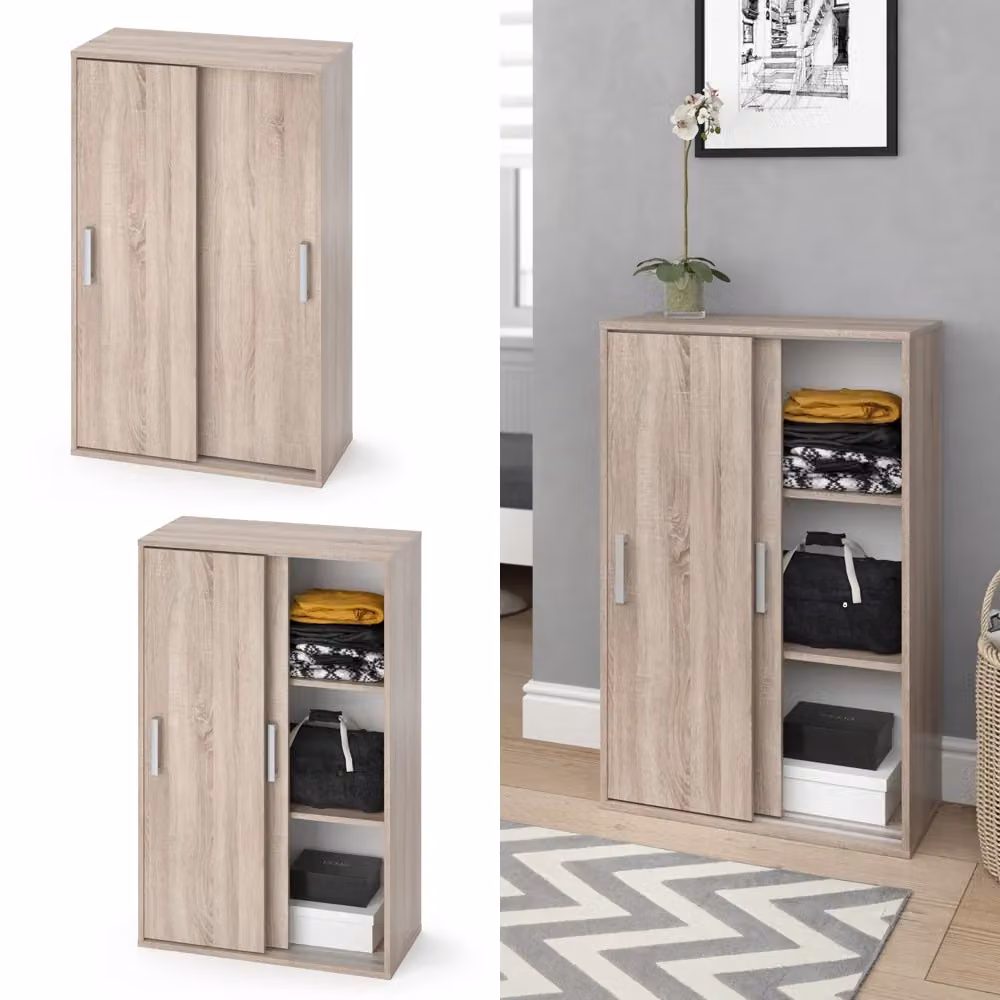 Armadio multifunzione Falk Vicco con ante scorrevoli in legno, colore marrone e beige, L: 108.5 cm, P: 33 cm, H: 68 cm – 2