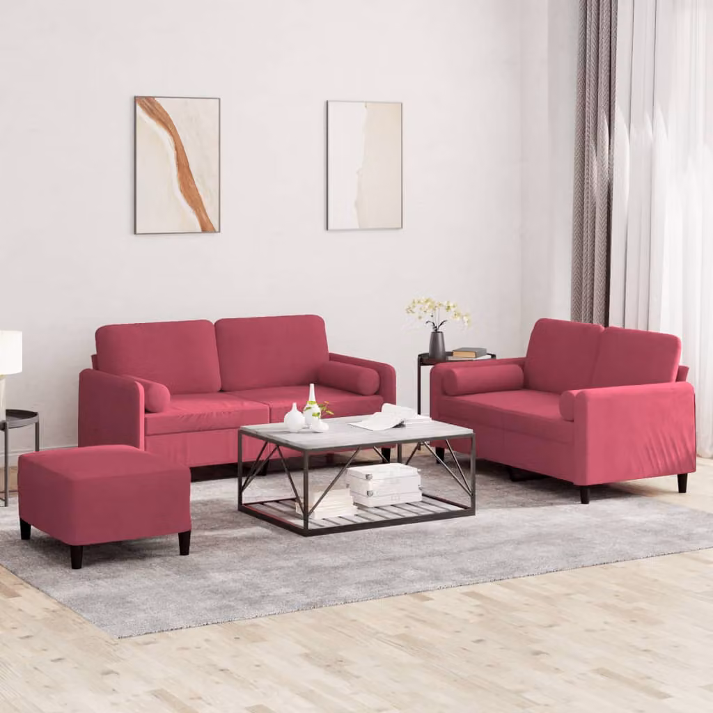 vidaXL Set di Divani 3 Pezzi in Velluto Rosso con Cuscini e Struttura Imbottita Moderna – 1