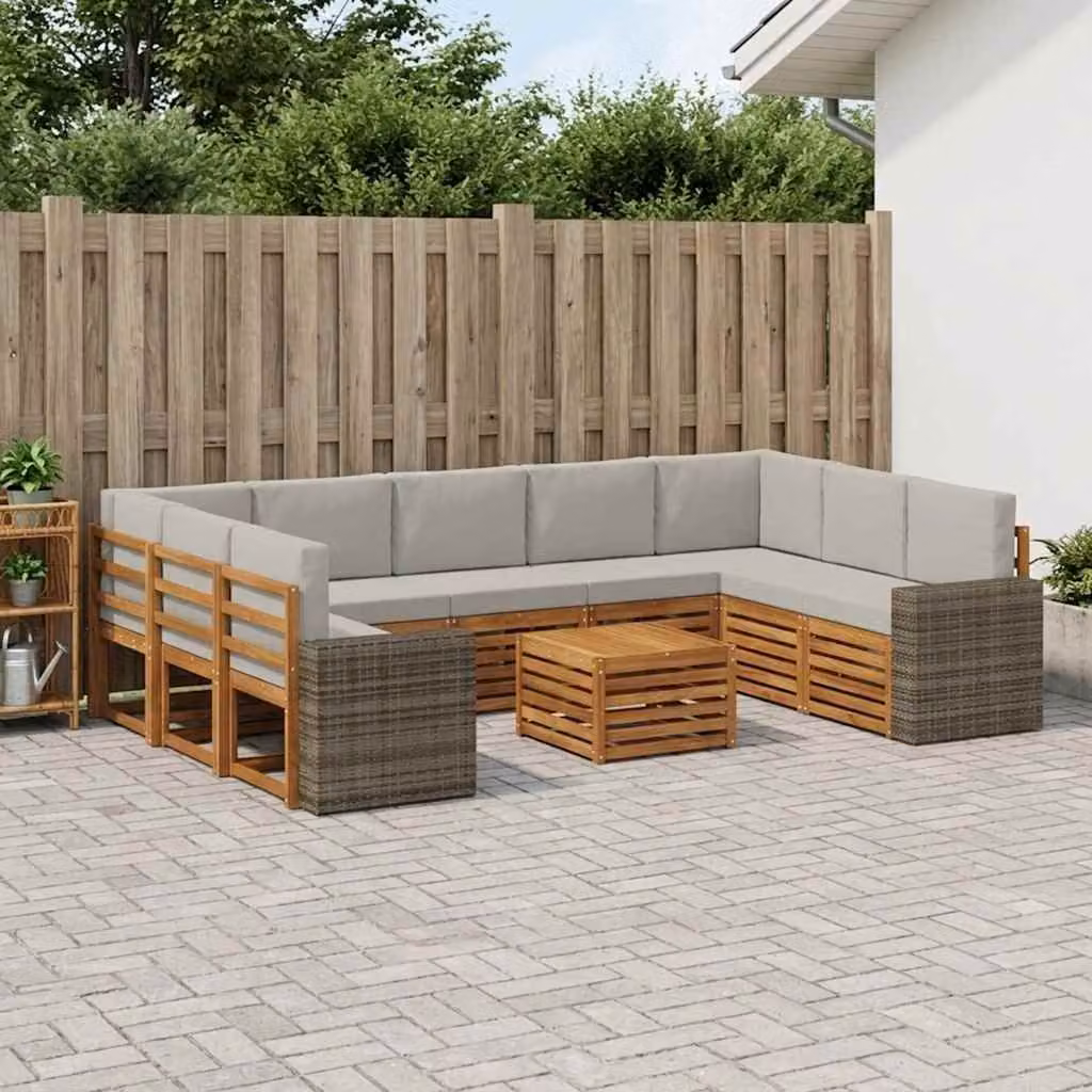 Set di divani da esterno vidaXL in legno di acacia con cuscini, composizione a L con tavolino, colore beige e grigio