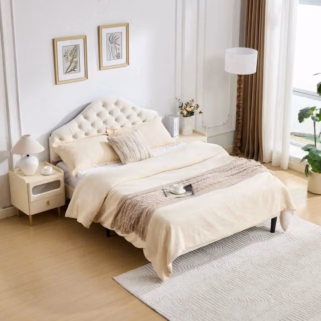 Letto imbottito testiera regolabile 140x200 velluto doghe beige