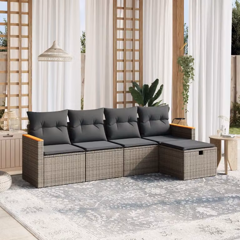 vidaXL Set Divano da Giardino a L 5 pz Grigio in Polyrattan con Cuscini Imbottiti e Rivestimenti Rimovibili