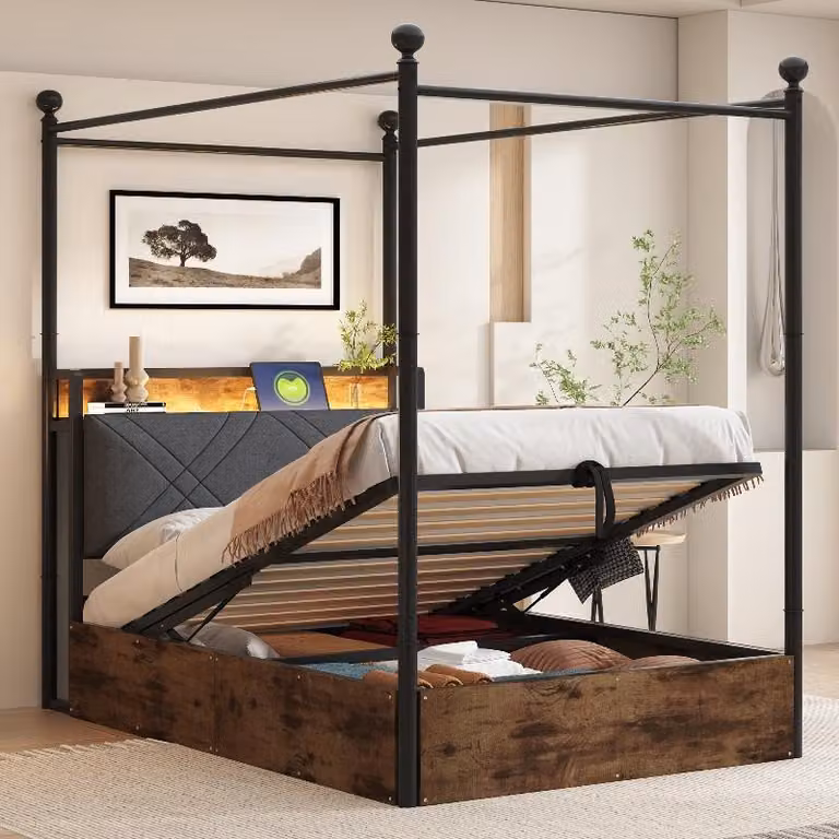 Letto matrimoniale in metallo 90x190 cm con spazio contenitore a sollevamento idraulico, baldacchino removibile, illuminazione LED, prese USB/Tipo-C e testiera imbottita di colore nero