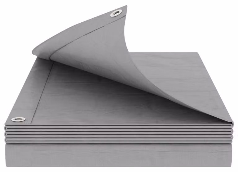 Telo in polietilene (PE) color grigio chiaro, con occhielli, dimensioni 3 x 6 metri, peso 90 g/m²