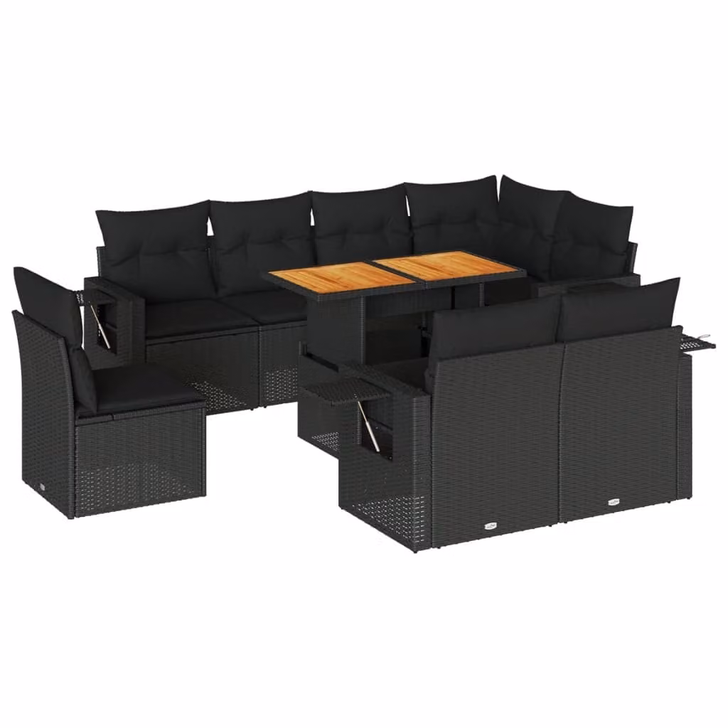 Set Divani da Giardino 9 pz con Cuscini Nero in Polyrattan