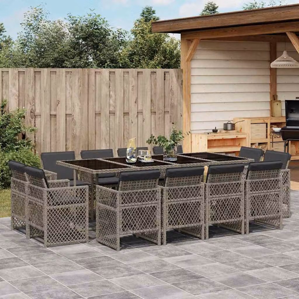 Set da pranzo da giardino vidaXL in polyrattan con cuscini e tavolo in vetro, 13 pezzi, grigio e nero – 1