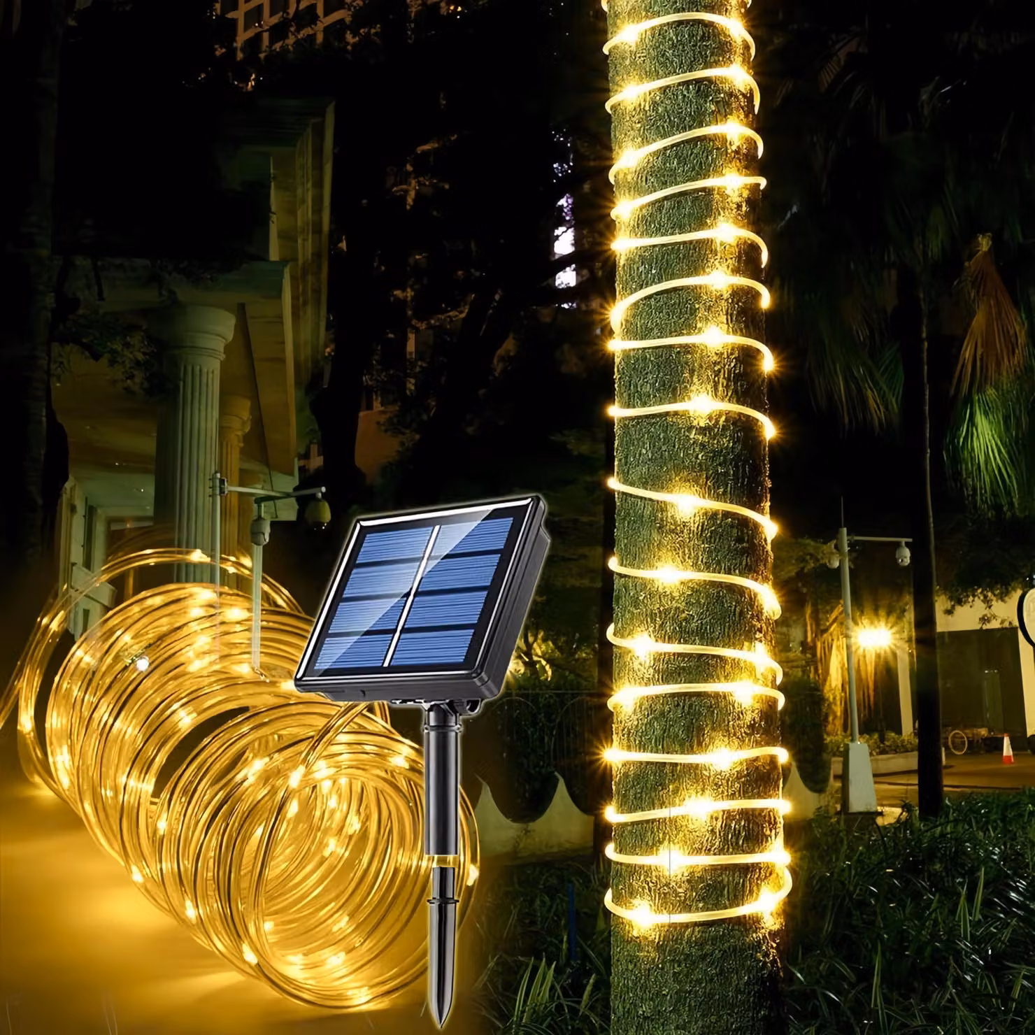 Catena luminosa solare, 10 metri, 100 LED, luce bianco caldo, 8 modalità, grado di protezione IP65