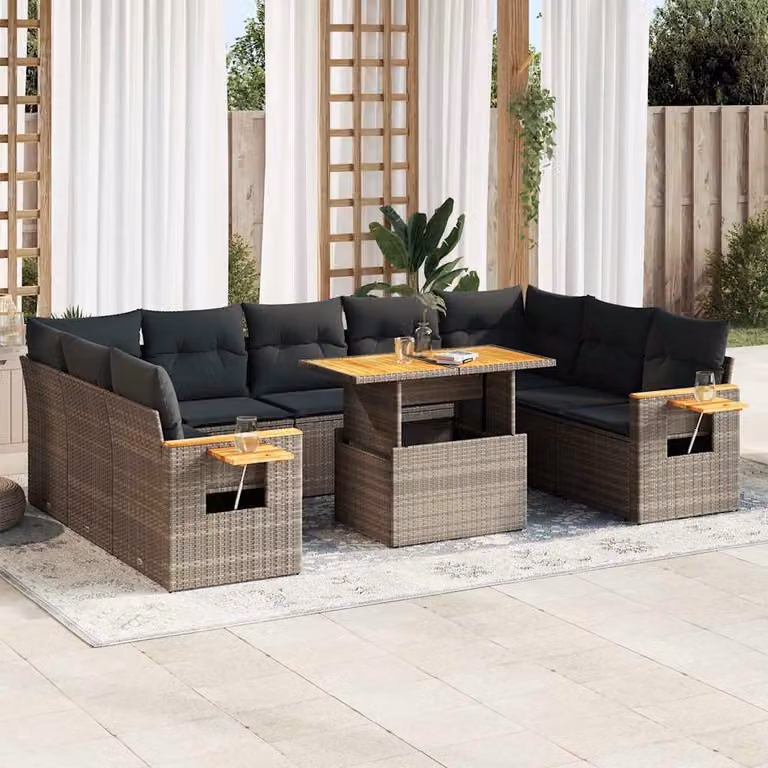 Set da giardino vidaXL composto da 10 pezzi con cuscini grigi in polyrattan e legno di acacia a forma di U con tavolino da caffè incluso