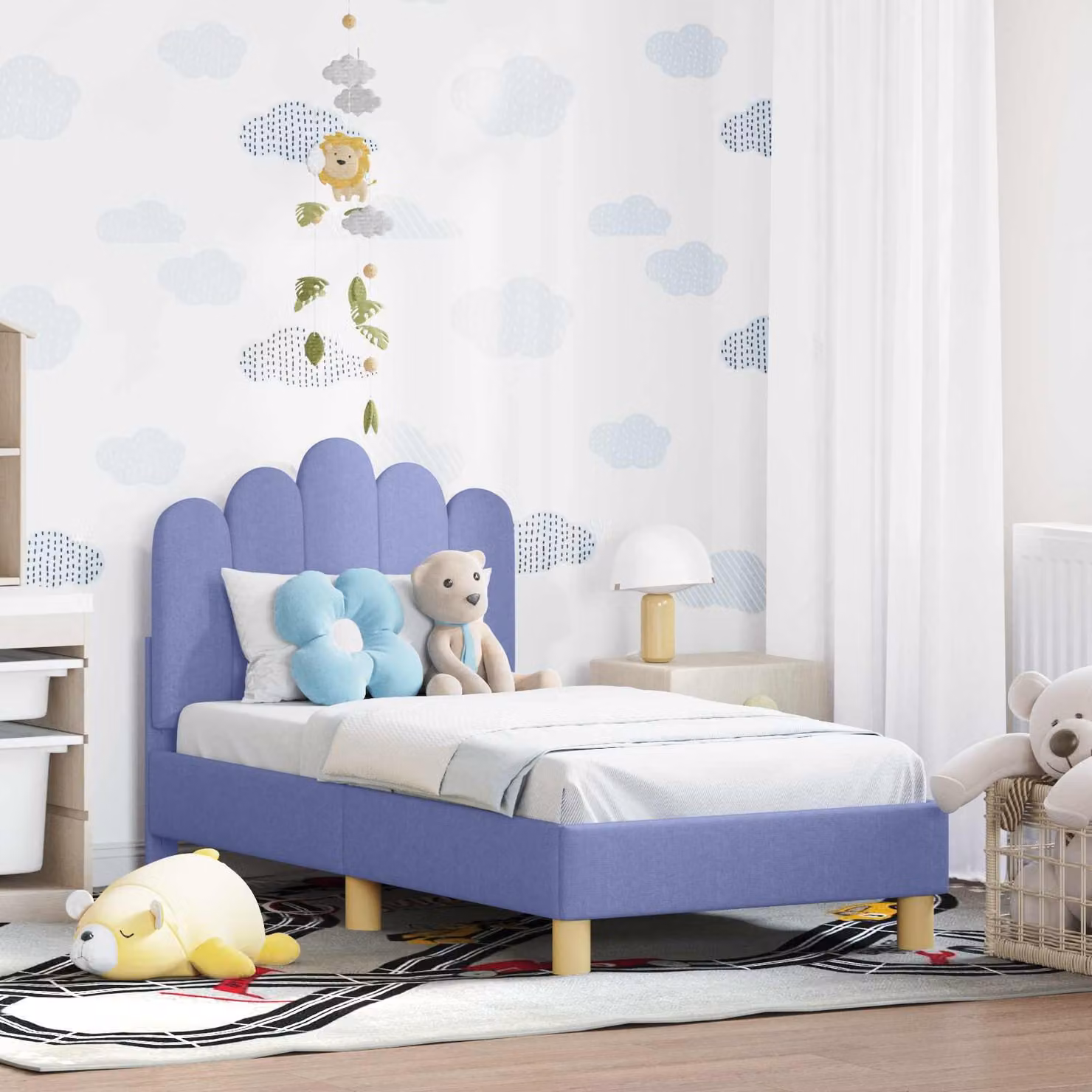 Struttura letto per bambini vidaXL con testata imbottita in tessuto, colore blu jeans, L 140 x P 70 x H 79 cm