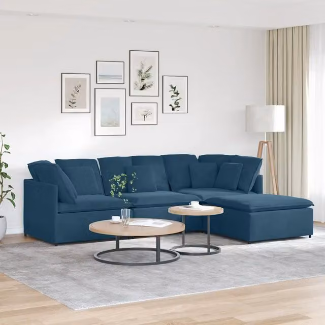 Divano angolare modulare vidaXL in velluto blu con cuscini e struttura in metallo e legno L/P/H: 300 x 160 x 80 cm – 1