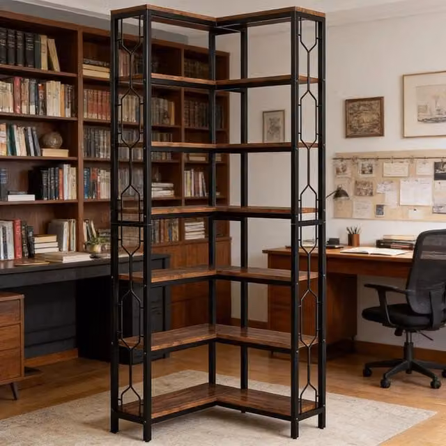Libreria angolare industriale WISHDOR con 7 ripiani in legno e metallo, colore nero e marrone, L/P/H: 29.5 x 27.5 x 107.0 cm – 1
