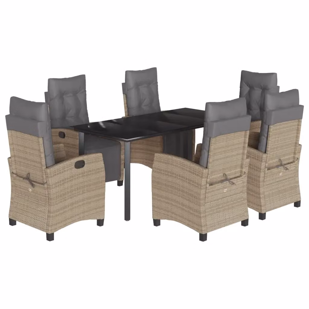 Set Pranzo da Giardino vidaXL in Polyrattan con Cuscini Beige e Tavolo in Vetro, 7 Pezzi – 2