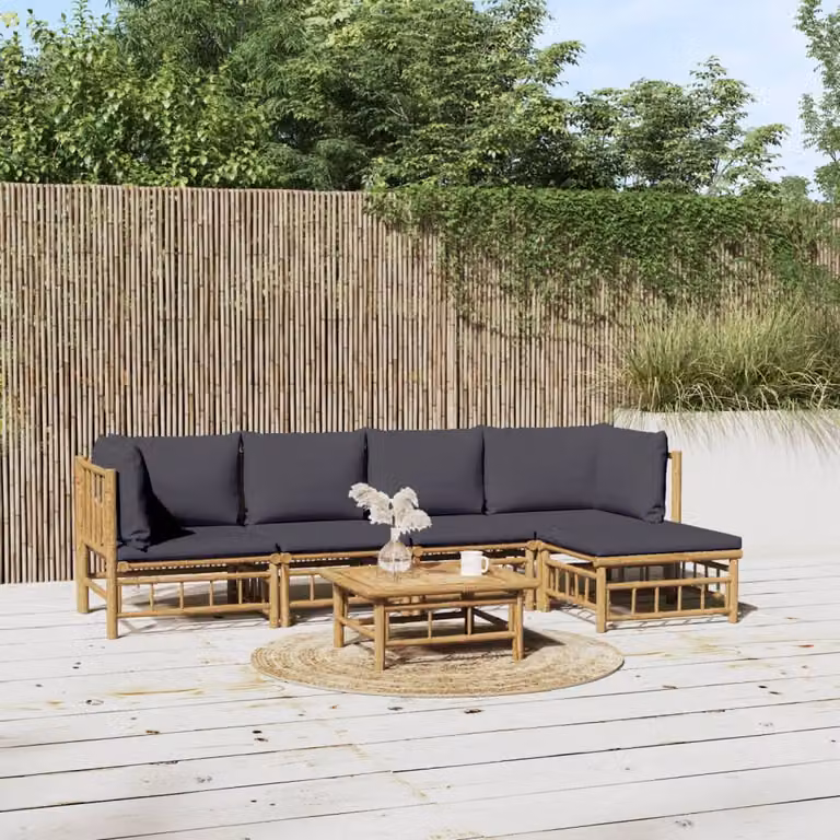 Set Salotto da Giardino vidaXL 6pz in Bambù con Cuscini Grigio Scuro e Marrone
