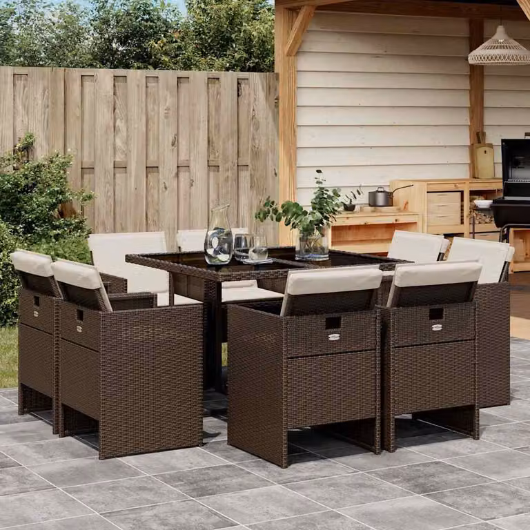 Set da Pranzo da Giardino vidaXL in Polyrattan Marrone con 9 Pezzi e Cuscini