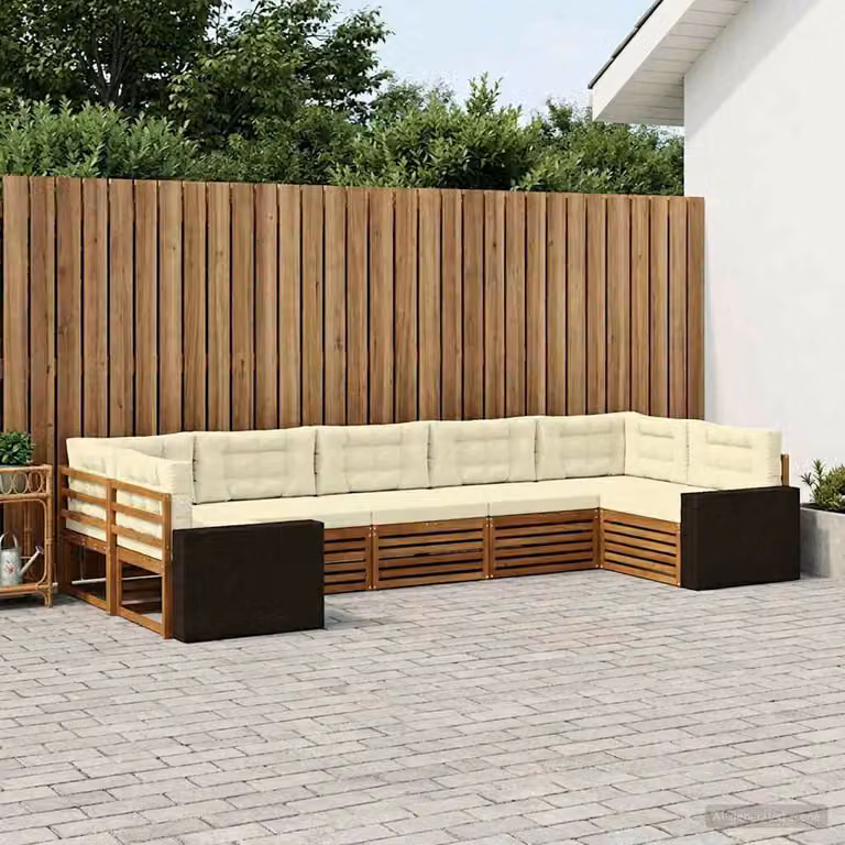 Set di divani da esterno vidaXL a forma di U in legno di acacia con cuscini, 7 pezzi, Marrone e Beige