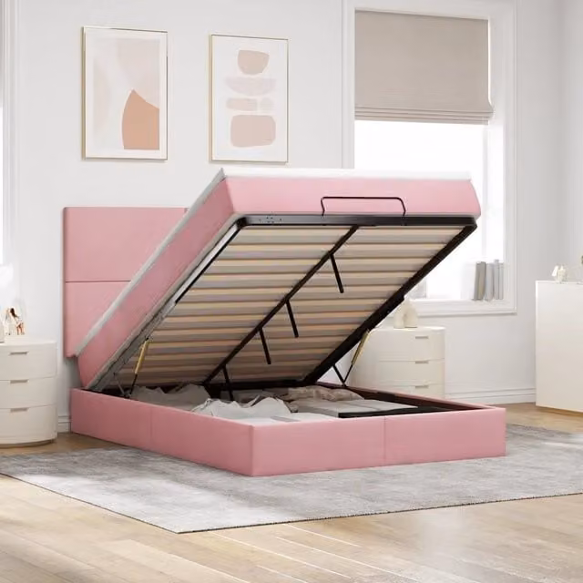 Letto con contenitore a sollevamento vidaXL in velluto rosa e bianco L 140 x P 200 x H 128 cm