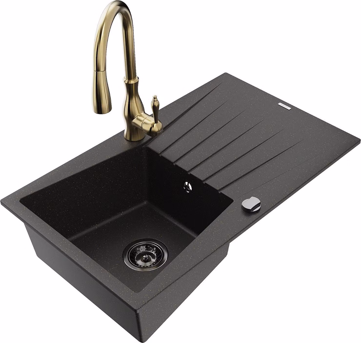 Mexen Cesar lavello in granito a 1 vasca con sgocciolatoio e rubinetto da cucina Savita, nero/oro metallizzato