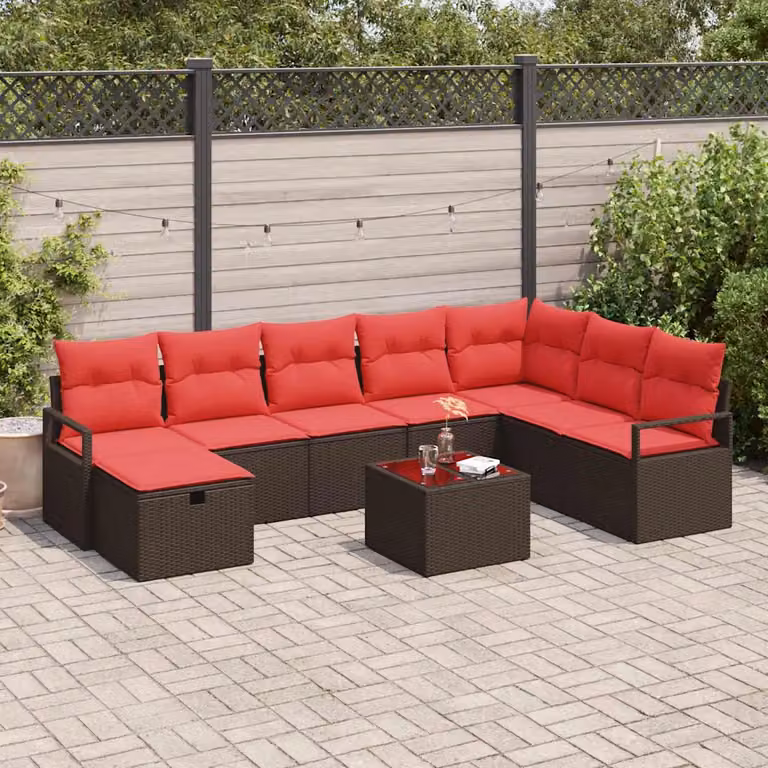 Set di divani da giardino vidaXL a forma di U composto da 9 pezzi in rattan marrone con cuscini e tavolino da esterno
