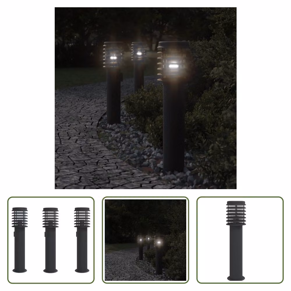 The Living Store: lampade da percorso con presa di corrente, 3 pezzi, nero, 60 cm, acciaio inossidabile