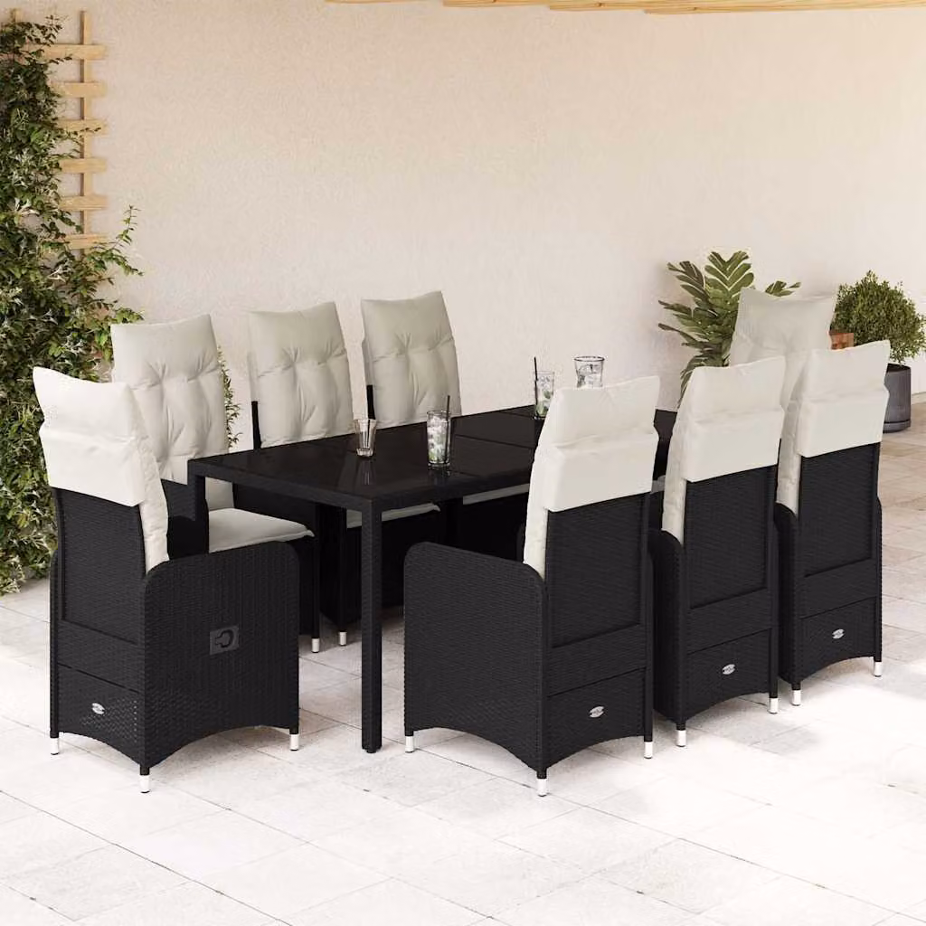 Set Bistrò da Giardino vidaXL 9 pz in Polyrattan Nero con Cuscini e Piano in Vetro – 1