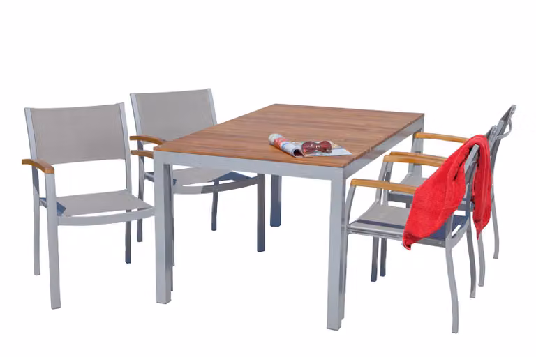 Merxx Set Naxos 5 pezzi - 4 sedie impilabili, 1 tavolo - Colore: argento/marrone - Dimensioni: sedie: 59x59x85 Tavolo: 150x90x74 cm; 4x 22000-309 + 1x 22002-219