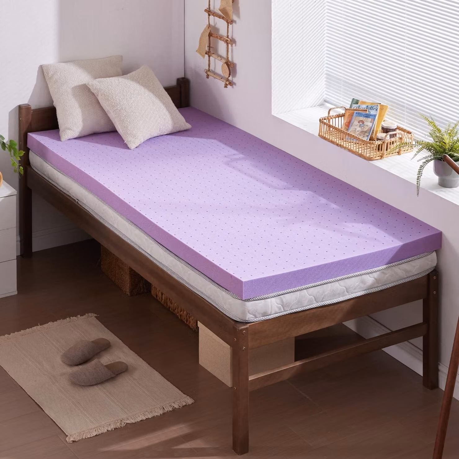 Materassino topper in memory foam, dimensione singola, colore viola