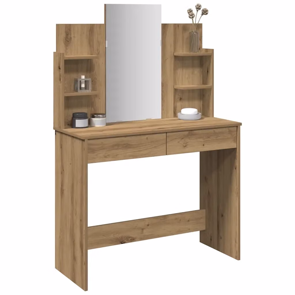 Toeletta moderna con specchio in vetro e finitura rovere marrone L: 96 cm, P: 39 cm, H: 142 cm – 2