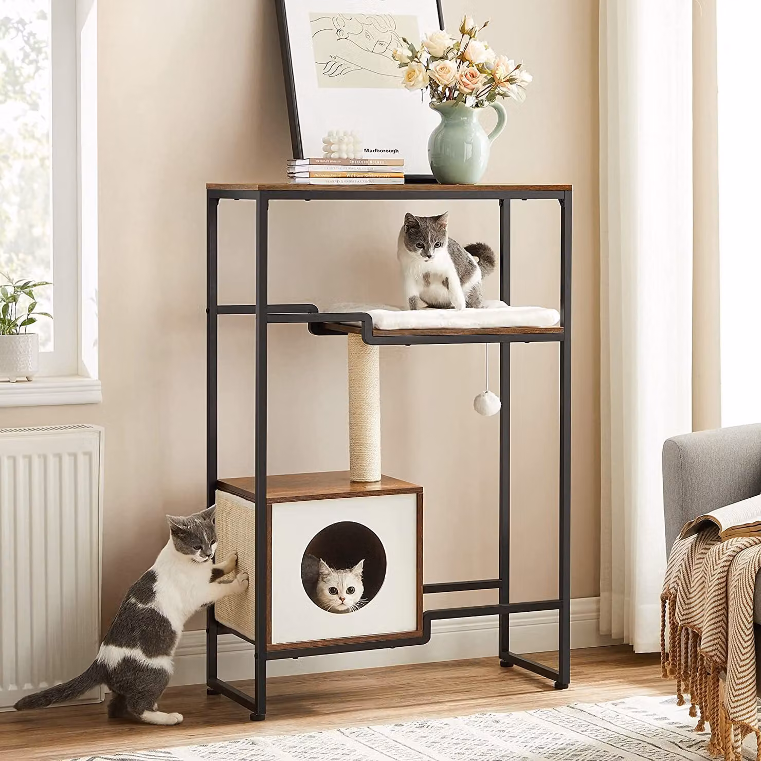 FEANDREA tiragraffi, albero per gatti, mobile 2 in 1, ampio ripiano superiore, cuscino