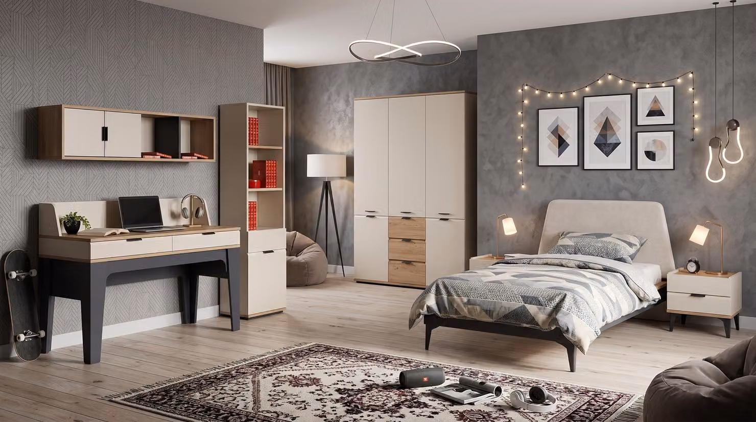 Camera da letto per adolescenti in tonalità beige: letto, armadio, comodini, scrivania, libreria