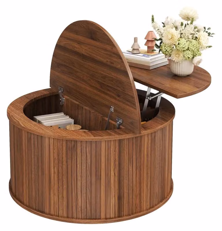 Tavolino da caffè - Tavolino rotondo con altezza regolabile - Materiale: MDF - Spazio contenitivo - Multifunzionale - Struttura in legno - Assemblaggio richiesto