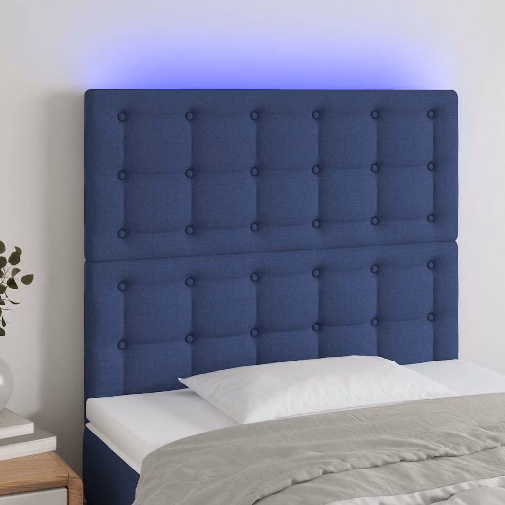 Testiera per letto vidaXL in tessuto blu con illuminazione LED e porta di ricarica USB, L: 80 cm, P: 5 cm, H: 118-128 cm