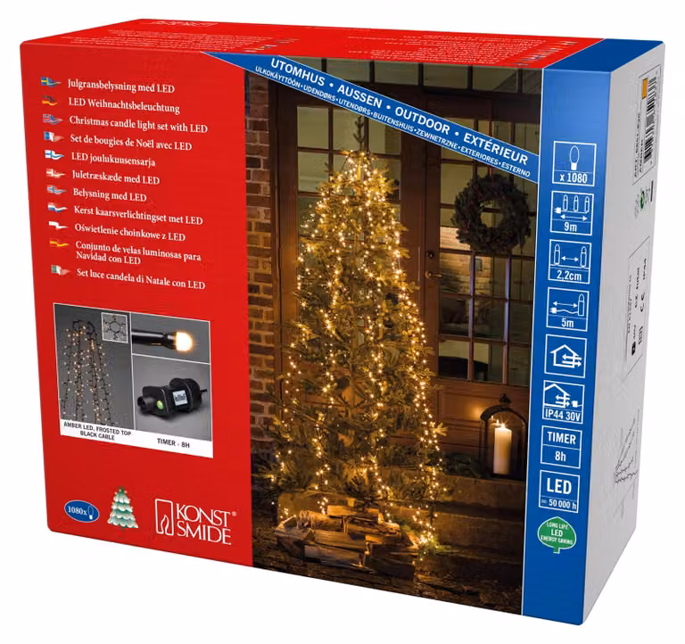 Catena luminosa a LED, 1080 diodi ambra, 6 fili, timer, 9W, colore nero
