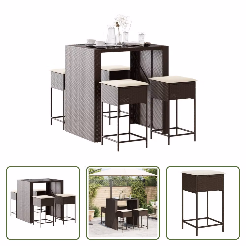 The Living Store Set bar da giardino 5 pezzi con cuscini in poly rattan marrone