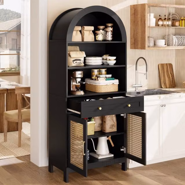Mobile vetrina WISHDOR con ante in stile rattan, nero opaco, con 3 vani a vista, 1 cassetto e 2 ante, H: 170 cm, L: 70 cm, P: 37,05 cm