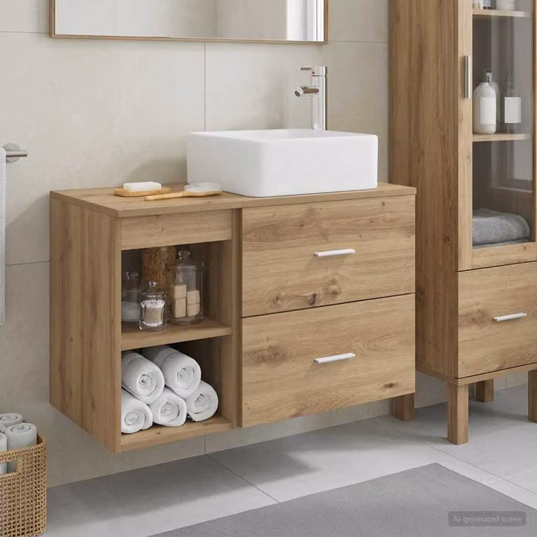 Set di mobili da bagno moderni vidaXL composto da mobile lavabo e pensile a parete in colore marrone con finitura opaca L/P/H: 80 x 35 x 53 cm e 53 x 31,2 x 35 cm