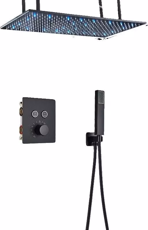 Set doccia, funzione LED, doccia a cascata e a pioggia, tappetino nero G