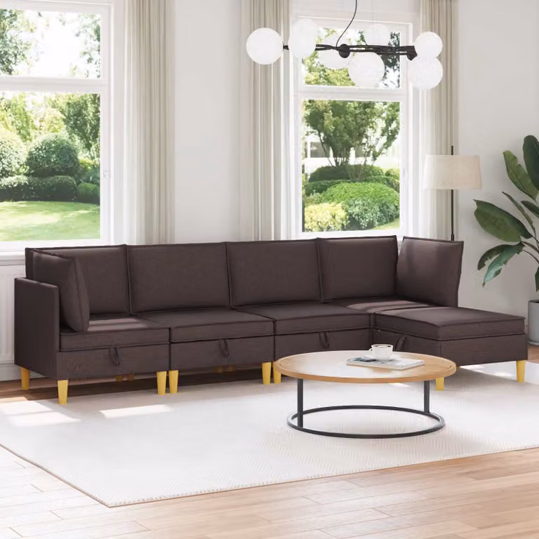 Set di divani modulari vidaXL 5 pezzi in tessuto marrone con spazio di archiviazione e forma a L per soggiorno