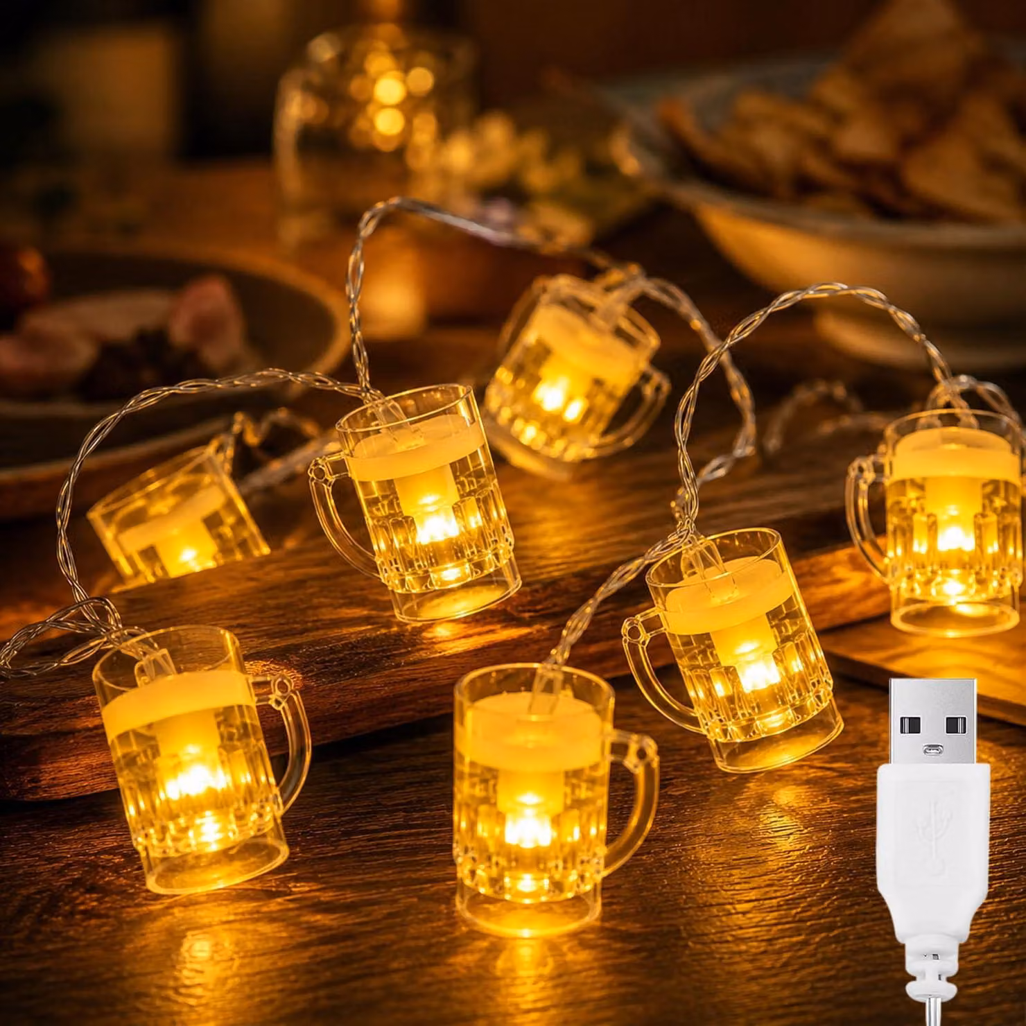 Catena luminosa a LED, a forma di birra, piccola, con alimentazione USB, lunghezza 1,5 metri, 10 LED