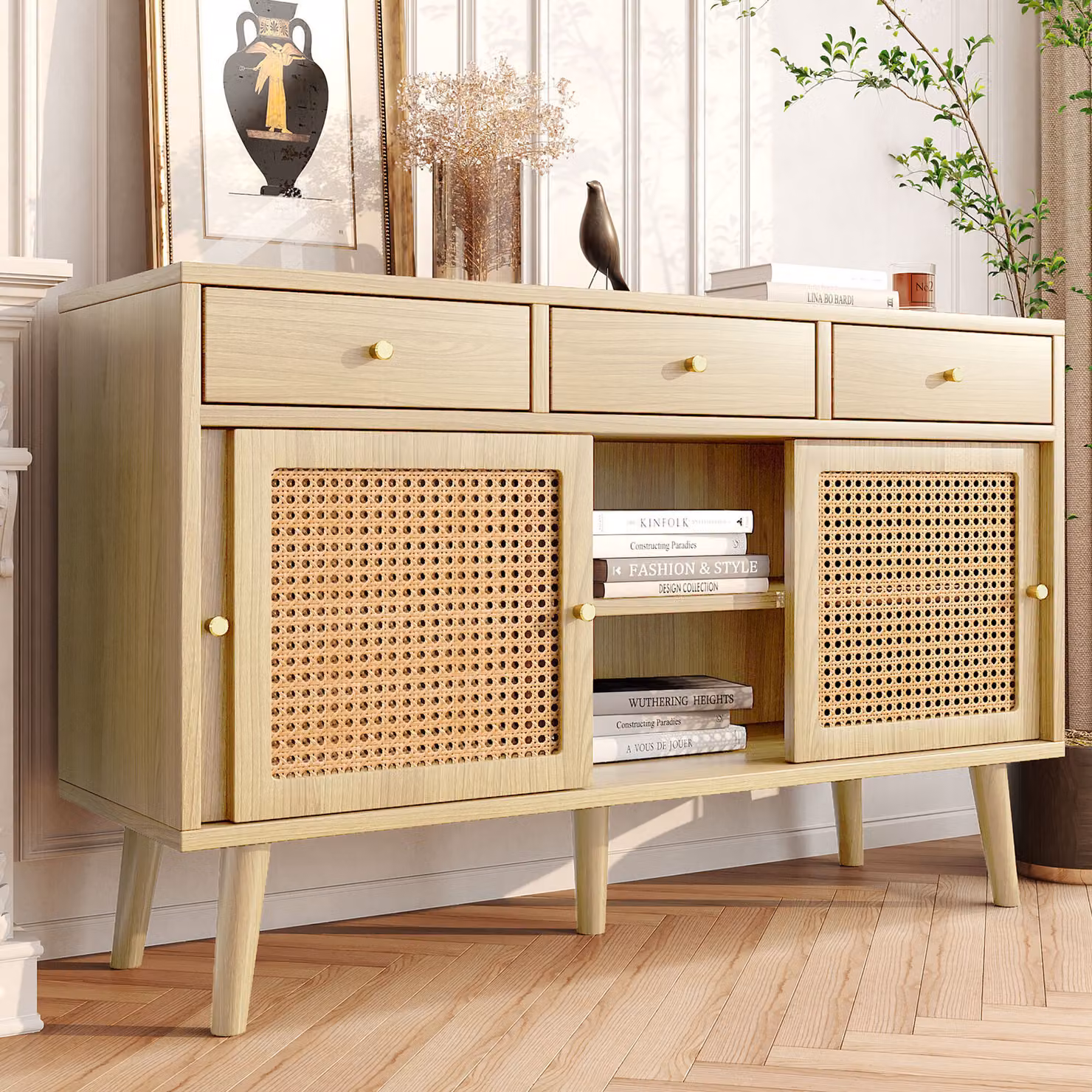 Cassettiera Merax in vimini rattan con ripiani regolabili, credenza con 3 cassetti e 3 ante scorrevoli, mobile da soggiorno in rattan credenza in legno massiccio 120*40*78cm