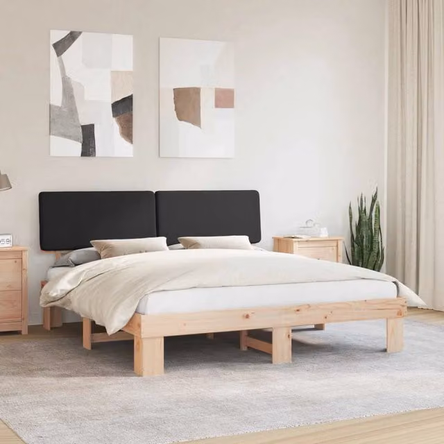 Letto moderno vidaXL in pino massello con testiera rivestita in tessuto nero L/P/H: 180 x 200 x 186 cm