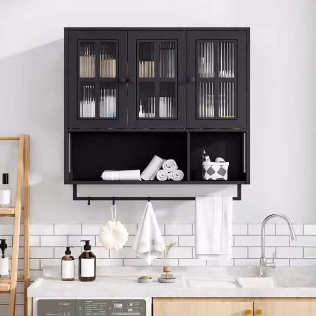 Mobile da bagno a muro in legno nero, 3 ante con spazio aperto e nascosto, armadietto medicine con porta in vetro e portasciugamani