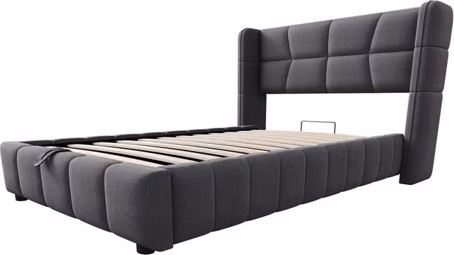 Letto imbottito per bambini 90x200 cm con contenitore pneumatico, testiera imbottita e struttura in lino grigio