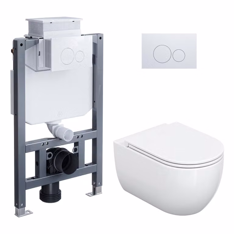 HOROW Set completo per WC sospeso - 82 cm: struttura a muro, cassetta di scarico nascosta, vaso WC sospeso, pulsante rotondo bianco