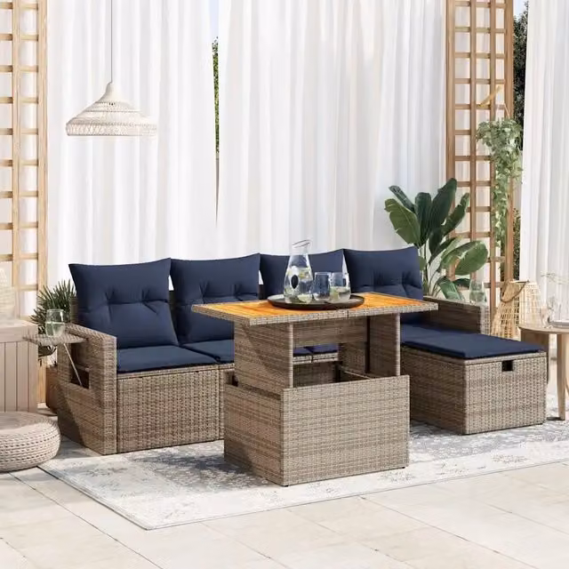 Set Divano da Giardino 6pz con Cuscini Grigio Polyrattan Acacia 3328027
