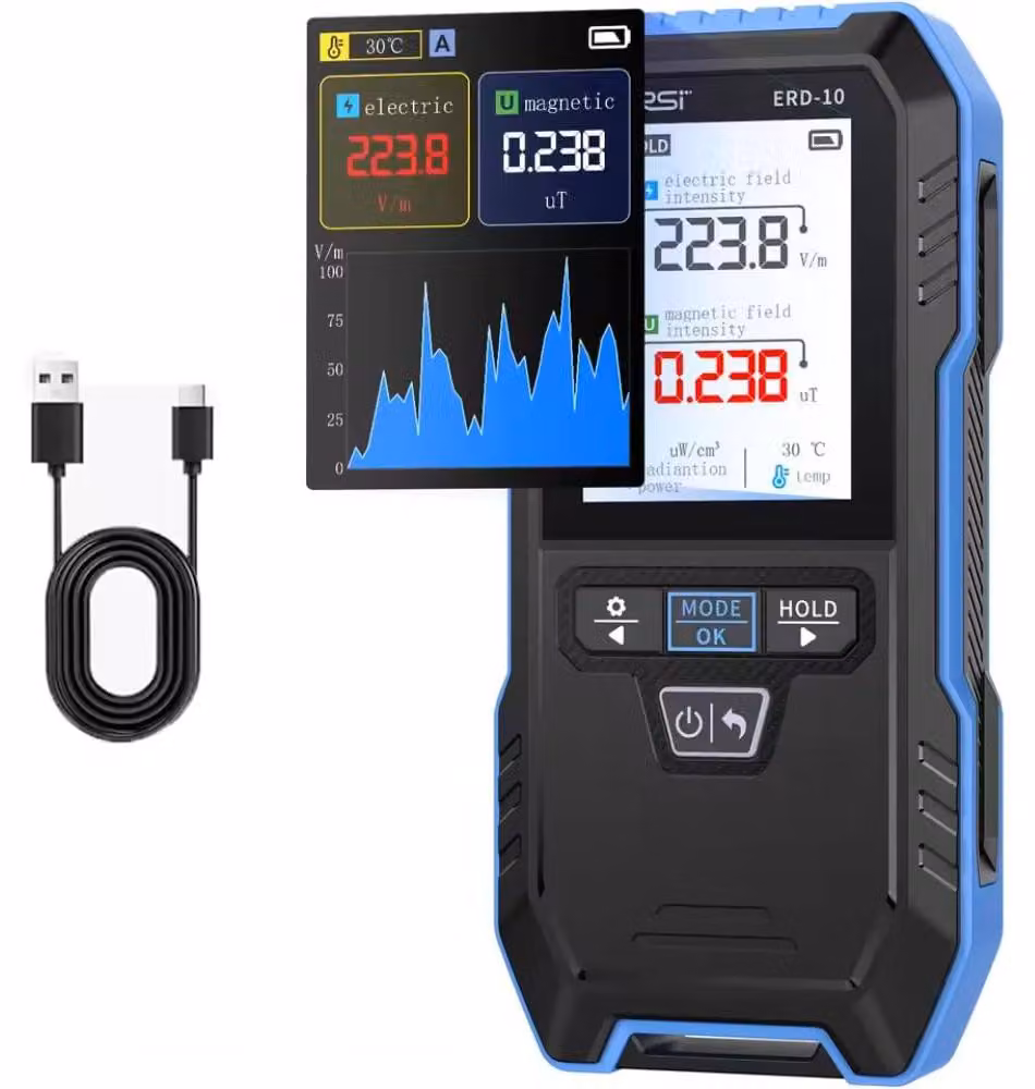 Misuratore multifunzione 4-in-1 per campi elettromagnetici ERD-10 – Rilevatore di campi elettrici, radiofrequenza, magnetici e di temperatura