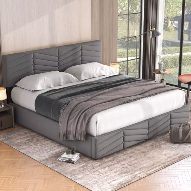 Letto imbottito matrimoniale 180x200 cm in velluto grigio con testiera regolabile e contenitore
