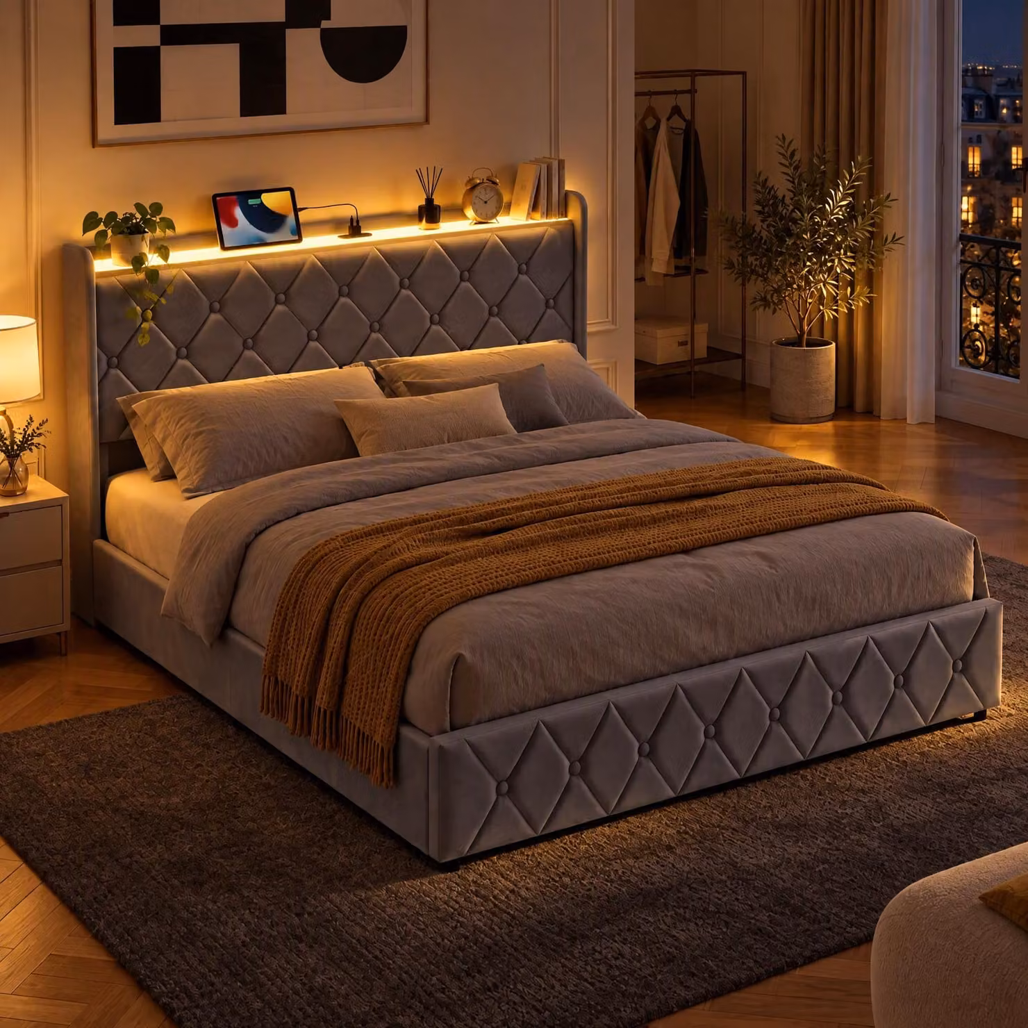Letto imbottito INONEFT, dimensioni 140x200 cm, con illuminazione LED e porta USB, letto per ragazzi con spazio contenitore a sollevamento idraulico, struttura del letto con rete a doghe, rivestito in velluto, colore grigio