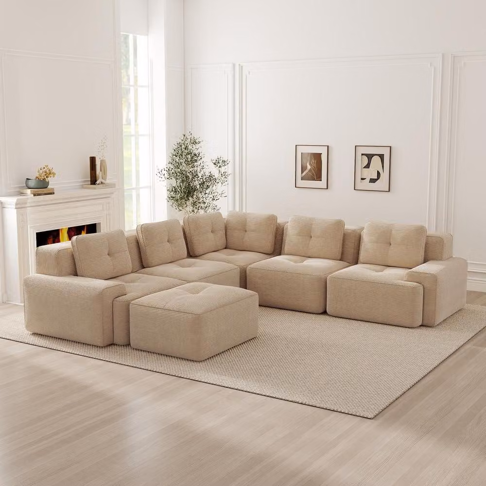 Divano modulare beige, 5 posti, divano basso senza struttura, rivestito in tessuto corduroy, divano ad angolo con poggiapiedi, antiscivolo, dimensioni 295x295x69 cm